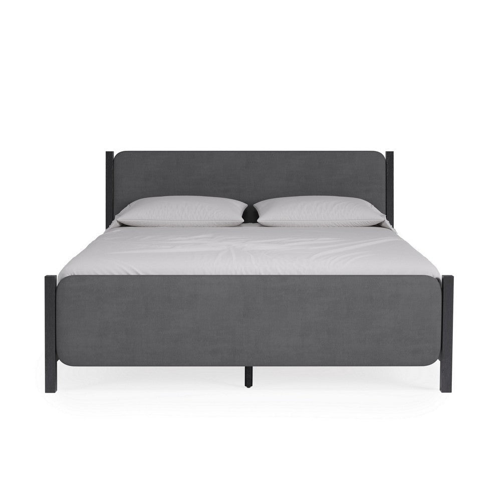Cave Full Bed Velvet Upholstery Squared Posts Dark Gray Mahogany Wood