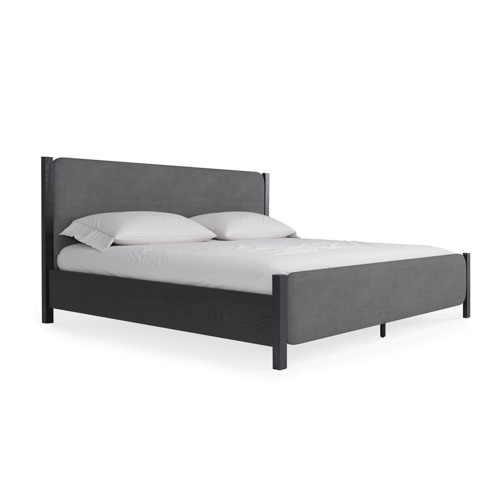 Cave Full Bed, Velvet Upholstery, Squared Posts, Dark Gray Mahogany Wood