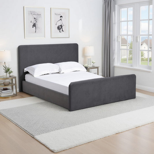 Cave Queen Size Platform Bed, Soft Velvet Upholstered, Charcoal Gray
