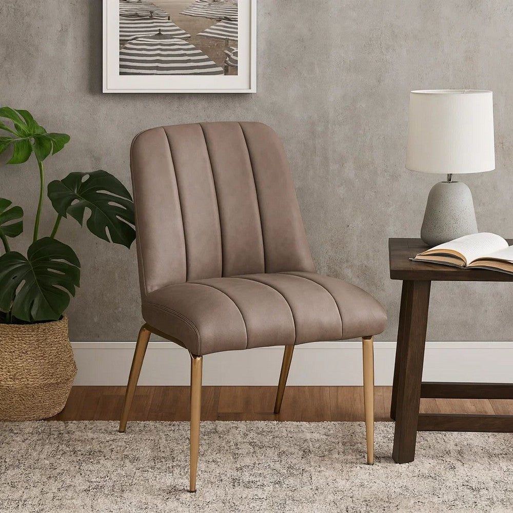 Rise 19 Inch Dining Chair, Set of 2, Soft Faux Leather Seat, Metal Legs, Brown