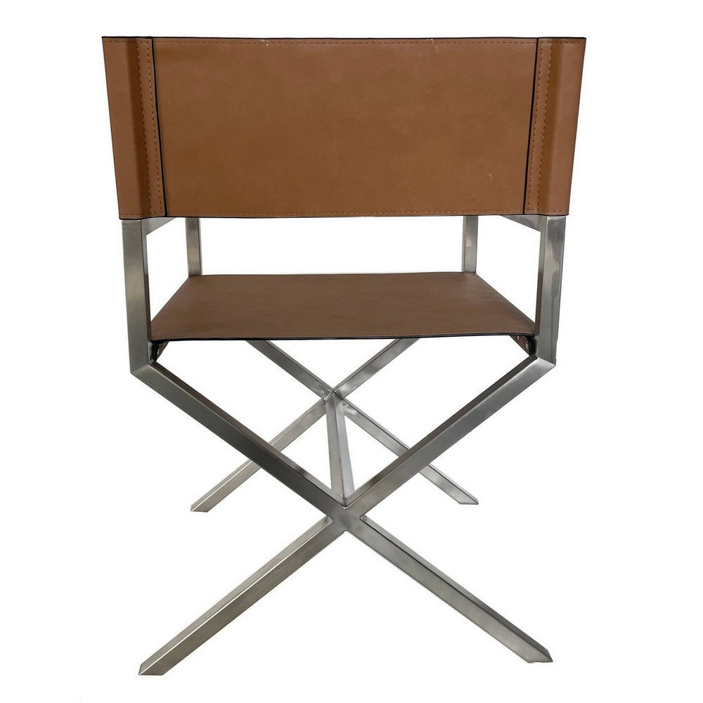 Rux Dining Chair Smooth Brown Faux Leather Set of 2 Director’s Style Cross Legs BM308518
