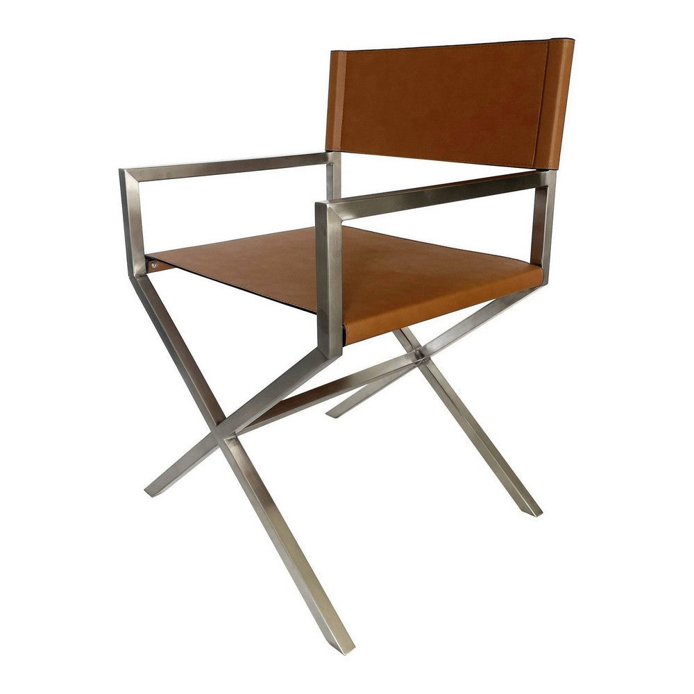 Rux Dining Chair Smooth Brown Faux Leather Set of 2 Director’s Style Cross Legs BM308518