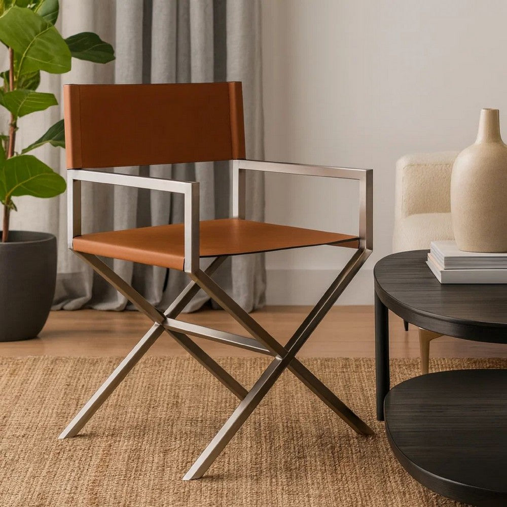 Rux Dining Chair, Smooth Brown Faux Leather, Set of 2, Director's Style Cross Legs