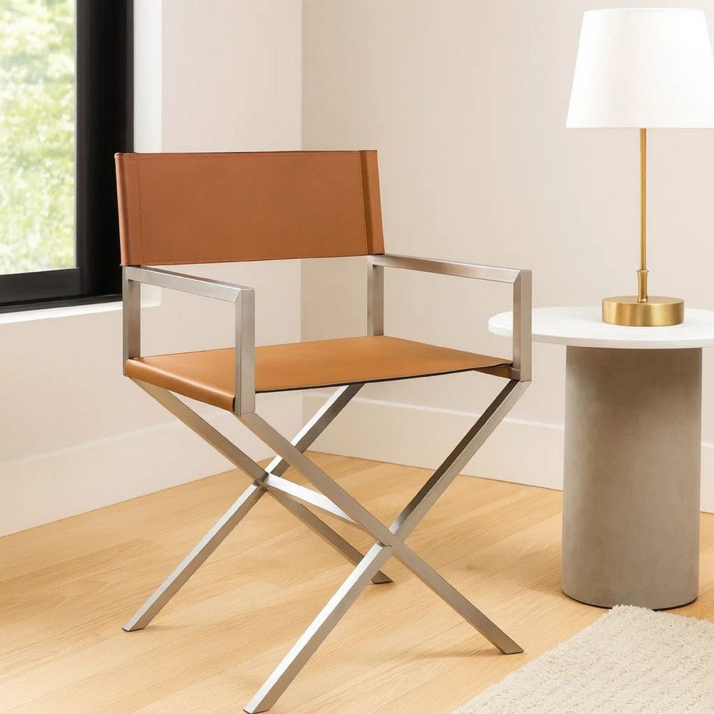 Rux Dining Chair, Smooth Brown Faux Leather, Set of 2, Director's Style Cross Legs