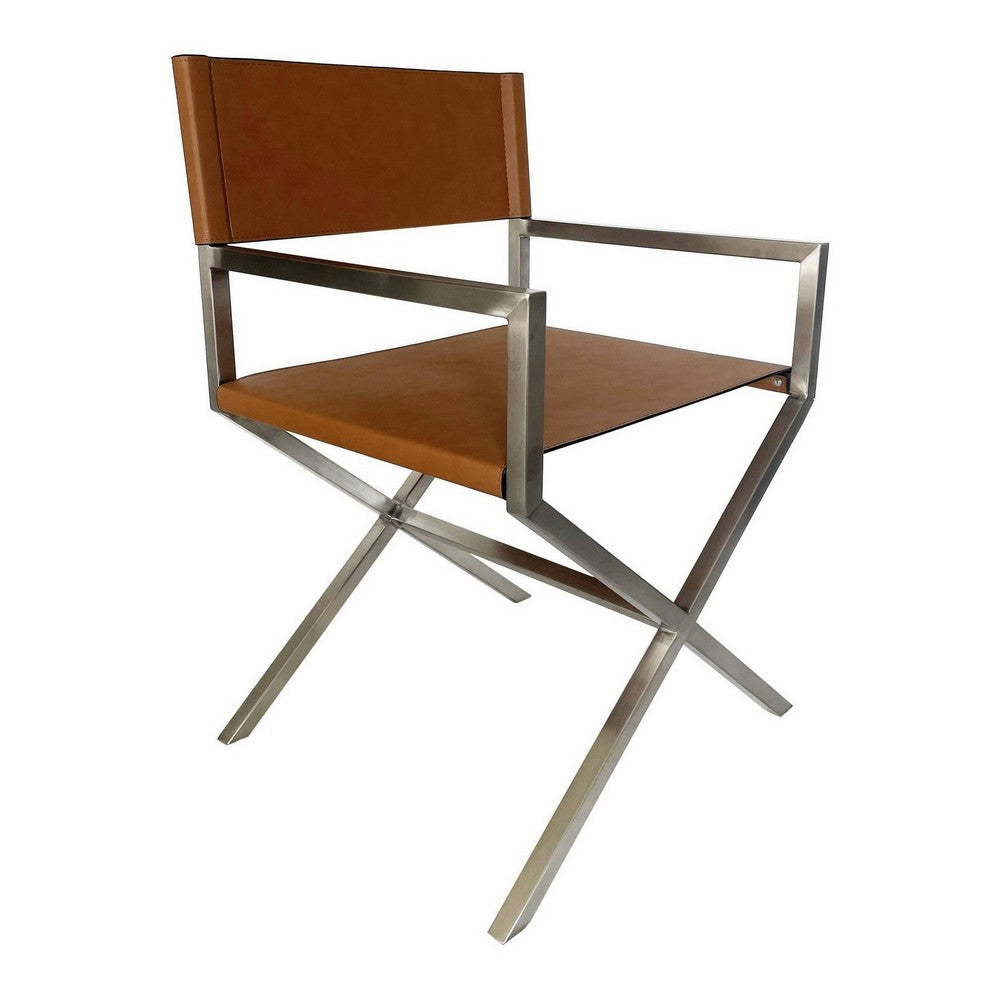 Rux Dining Chair, Smooth Brown Faux Leather, Set of 2, Director's Style Cross Legs