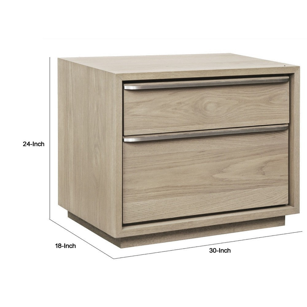 Rux 30 Inch Nightstand 2 Drawers Elongated Metal Handles Brown Wood BM308533