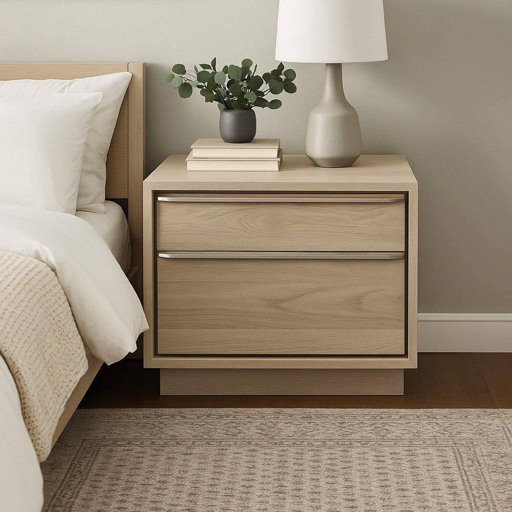 Rux 30 Inch Nightstand, 2 Drawers, Elongated Metal Handles, Brown Wood