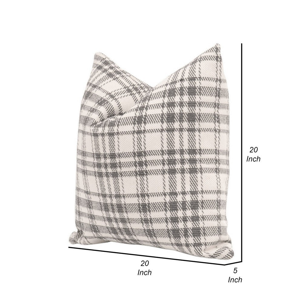 20 Inch Set of 2 Pillows Down Filling Plaid Patterning White and Gray By Casagear Home BM308541