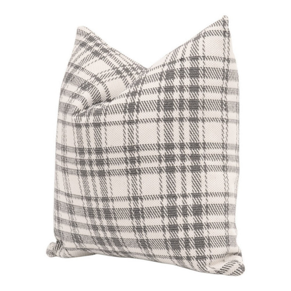 20 Inch Set of 2 Pillows, Down Filling, Plaid Patterning, White and Gray By Casagear Home