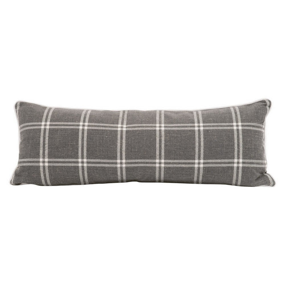 Veya 34 Inch Set of 2 Lumbar Pillows Down Filling White Plaid Smoke Gray By Casagear Home BM308545