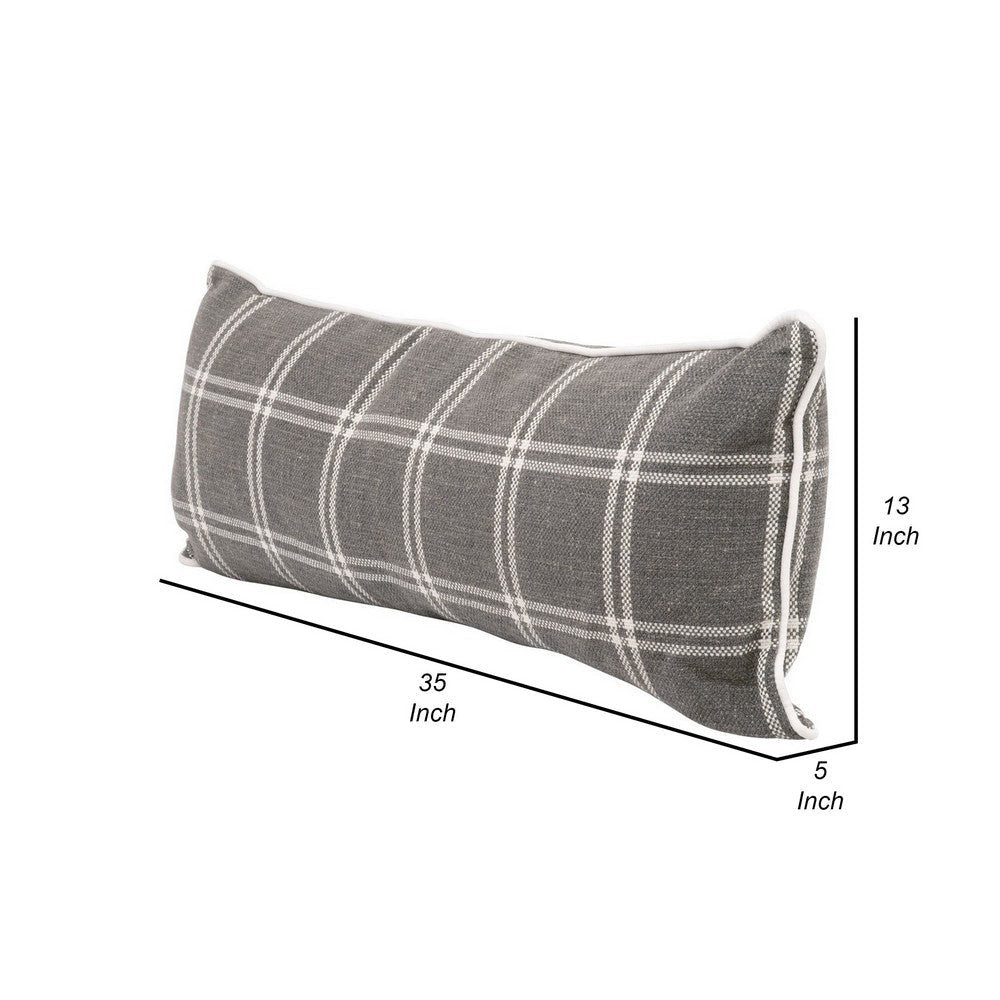 Veya 34 Inch Set of 2 Lumbar Pillows Down Filling White Plaid Smoke Gray By Casagear Home BM308545