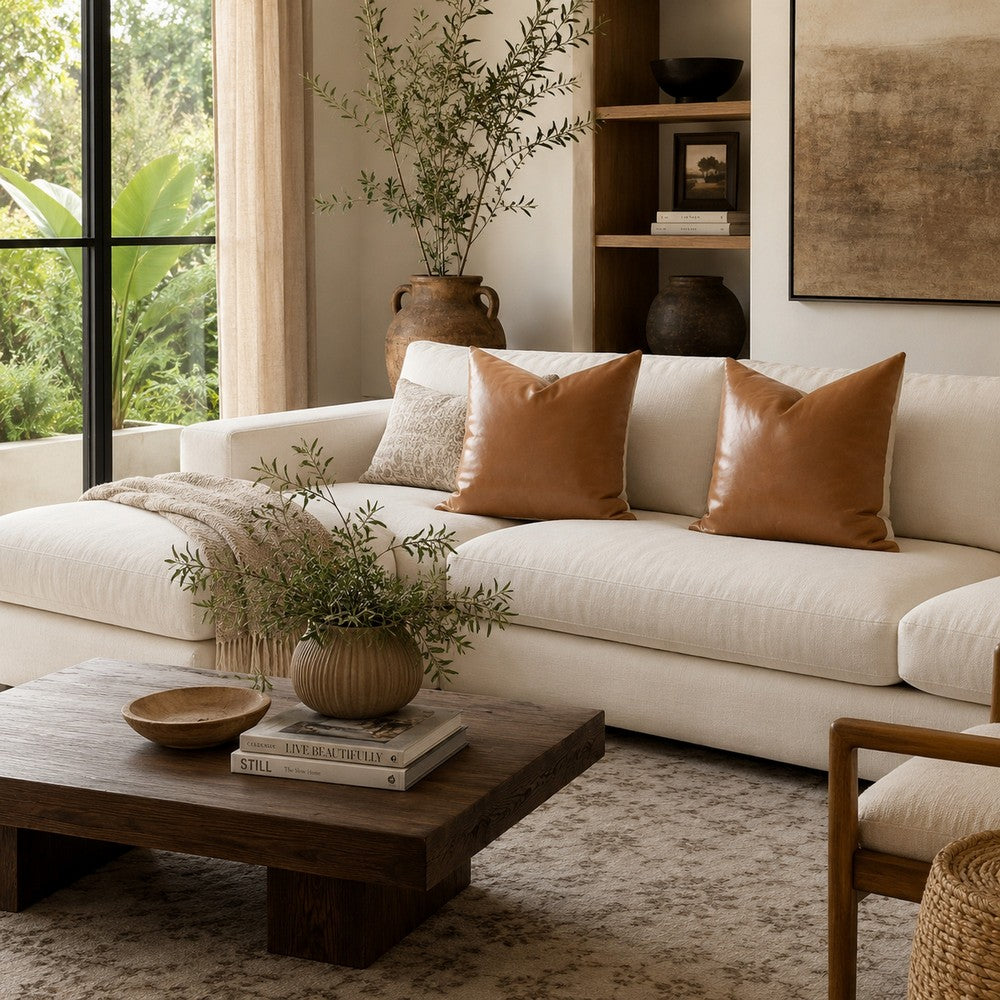 22 Inch Set of 2 Accent Throw Down Feather Pillows, Brown Leather, Linen By Casagear Home