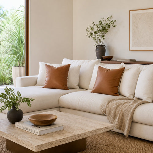 22 Inch Set of 2 Accent Throw Down Feather Pillows, Brown Leather, Linen By Casagear Home