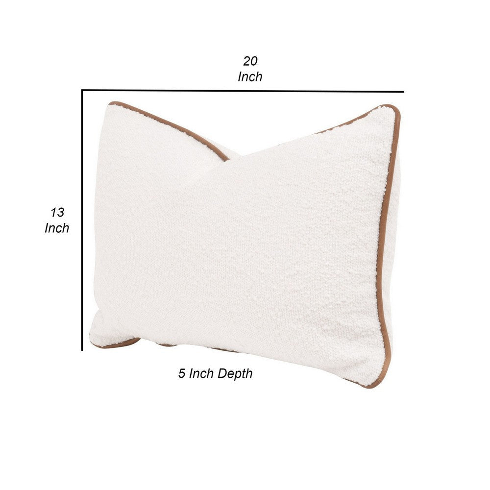 Bera 20 Inch Set of 2 Lumbar Pillows Brown Leather Piping White Boucle By Casagear Home BM308549