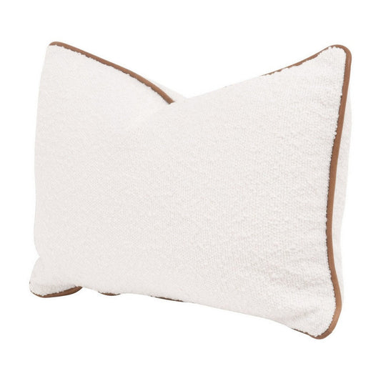 Bera 20 Inch Set of 2 Lumbar Pillows, Brown Leather Piping, White Boucle By Casagear Home