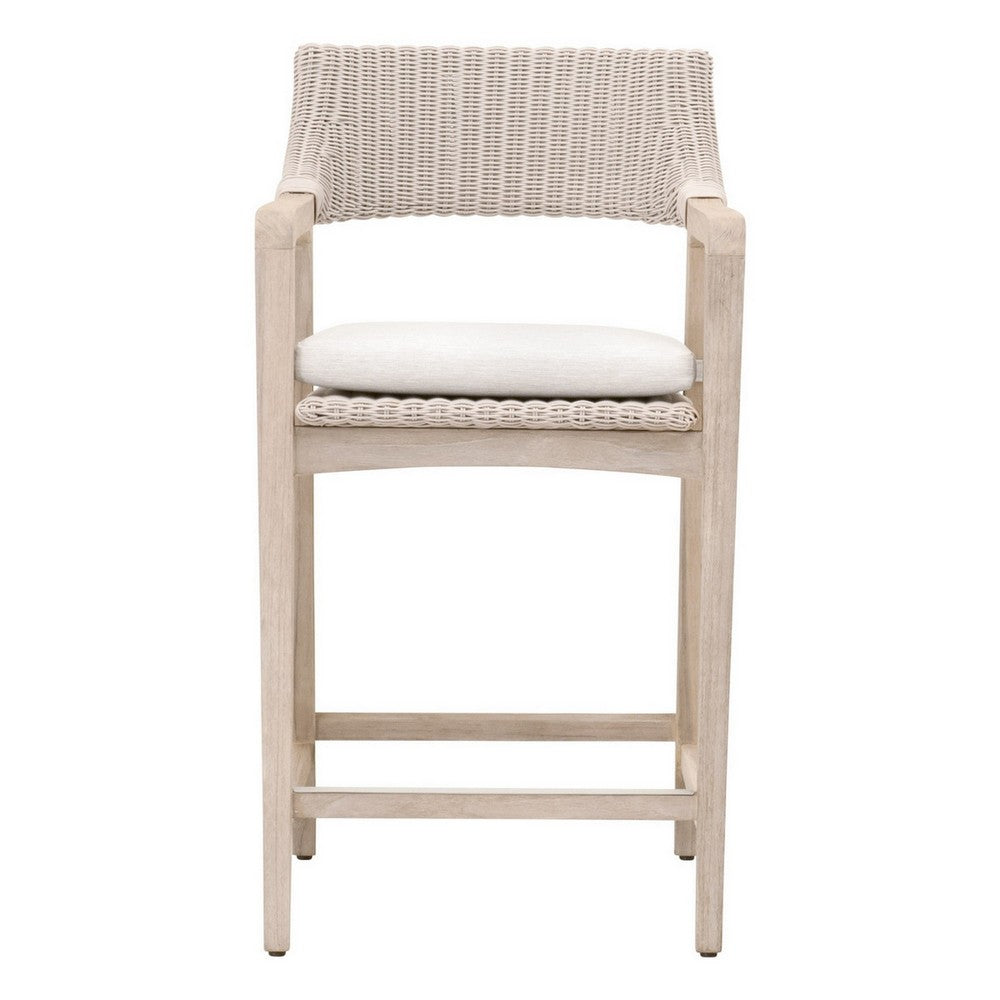 Uto 28 Inch Outdoor Counter Stool Chair, Synthetic Wicker, White Upholstery By Casagear Home