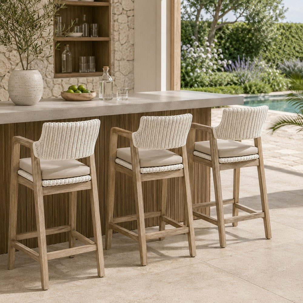 Uto 28 Inch Outdoor Counter Stool Chair, White Rattan Woven, Light Gray  By Casagear Home