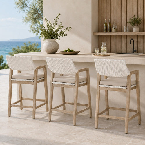 Uto 28 Inch Outdoor Counter Stool Chair, White Rattan Woven, Light Gray  By Casagear Home