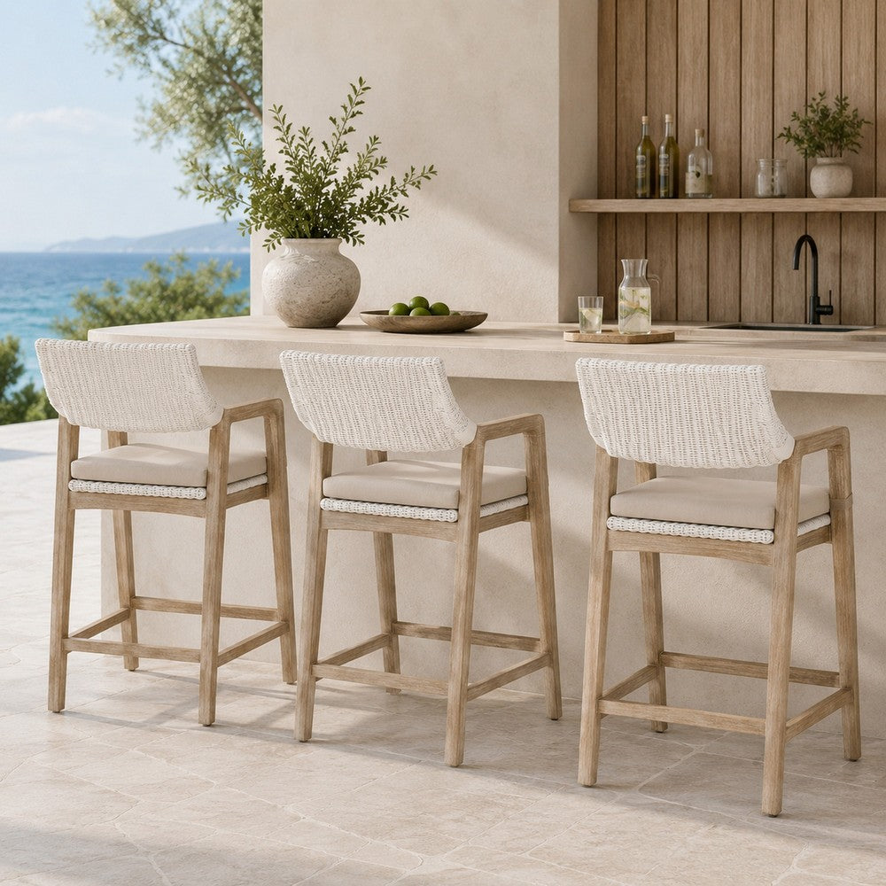 Uto 28 Inch Outdoor Counter Stool Chair, White Rattan Woven, Light Gray  By Casagear Home