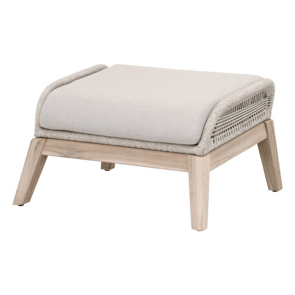 29 Inch Outdoor Footstool, Polyolefin Rope, White Olefin Upholstery, Gray By Casagear Home