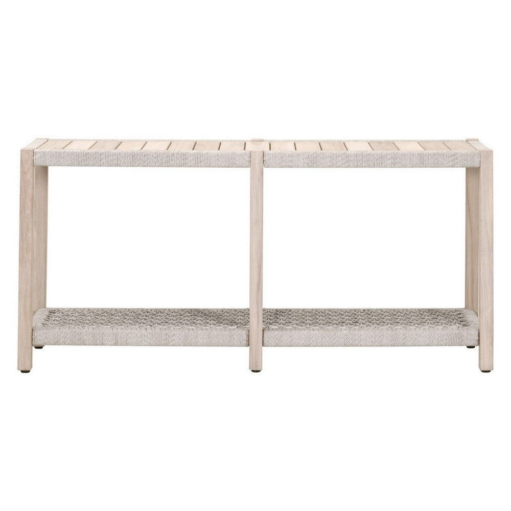 Xim 63 Inch Outdoor Console Table, White Rope Shelf and Edges, Gray Wood By Casagear Home