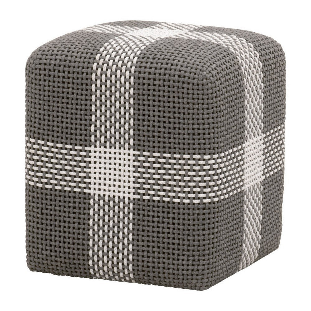 Huma 18 Inch Indoor Outdoor Accent Cube, White, Gray, Rope Woven Upholstery By Casagear Home