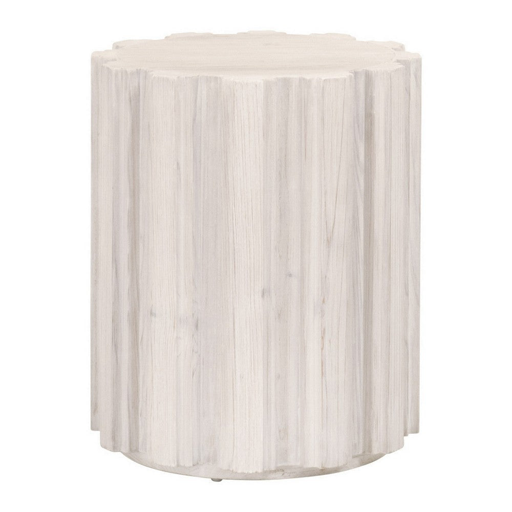 22 Inch Round End Table with Fluted Accents Plinth Base Whitewash Wood By Casagear Home BM308561