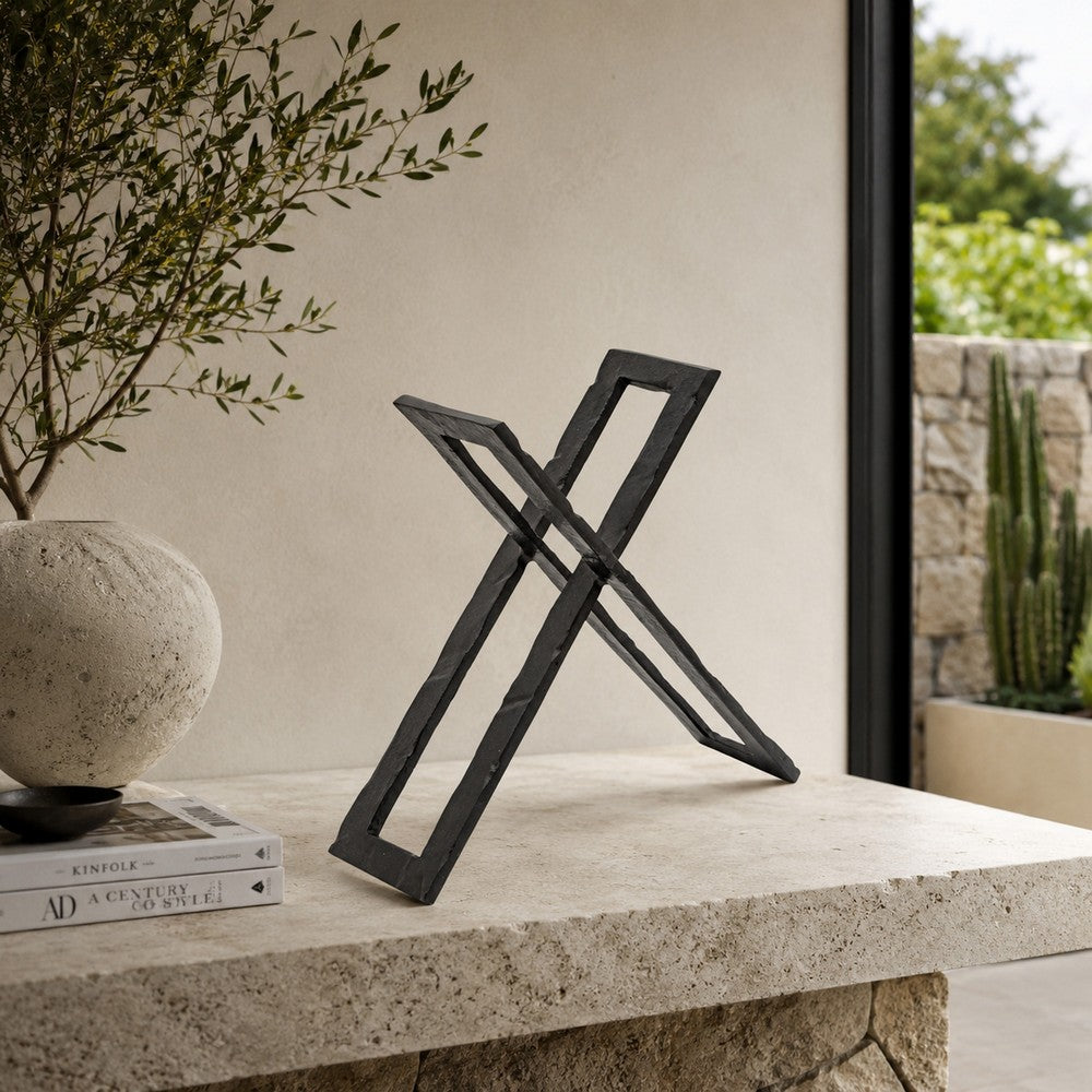 12 Inch Sculpture, 2 Metal Rectangles, Entwined Metal Structures, Black By Casagear Home