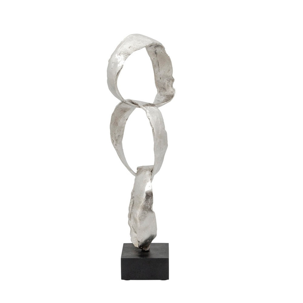 20 Inch Stacked Ring Sculpture, Square Black Base, Aluminum, Silver Finish By Casagear Home