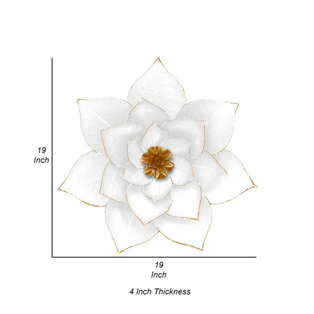 Sall 19 Inch Wall Decor Blooming Lotus Design White and Gold Metal Finish By Casagear Home BM308565