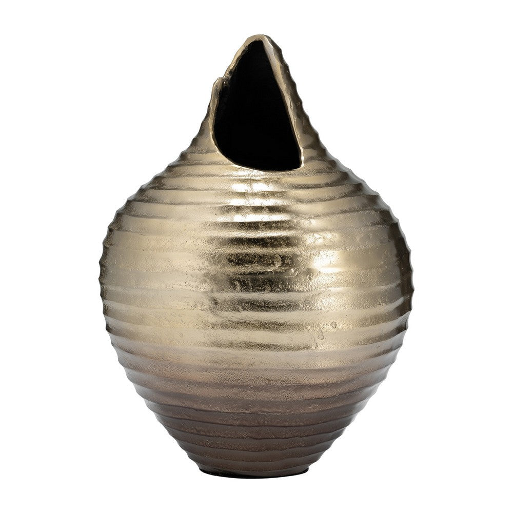 Olu 16 Inch Vase, Shell Design, Asymmetrical Ingress, Gold Metal Accent By Casagear Home