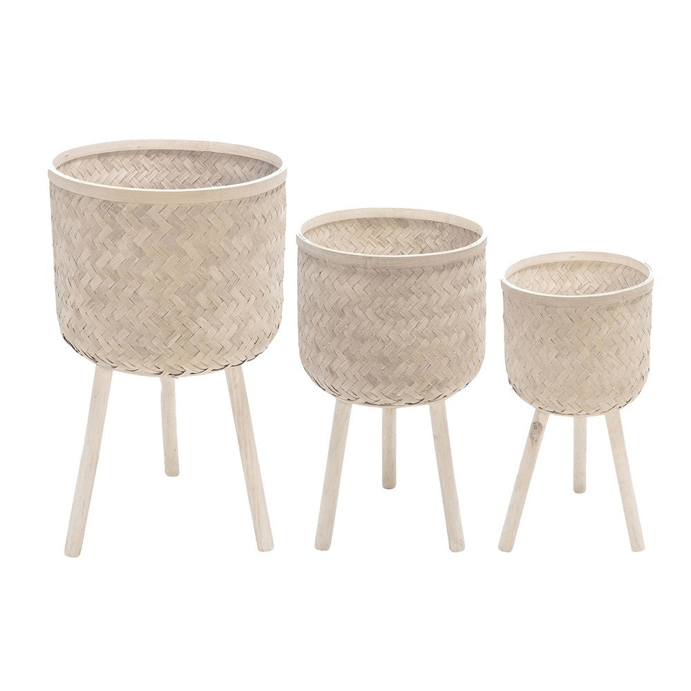 Planters Stands Set of 3, Tripod Wood Legs, Natural Bamboo Braid, White By Casagear Home