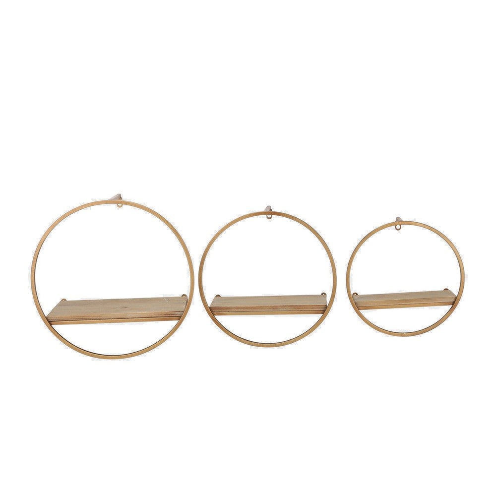 Yami Accent Wall Shelf, Set of 3, Round Iron Frames, Natural Brown, Bronze By Casagear Home