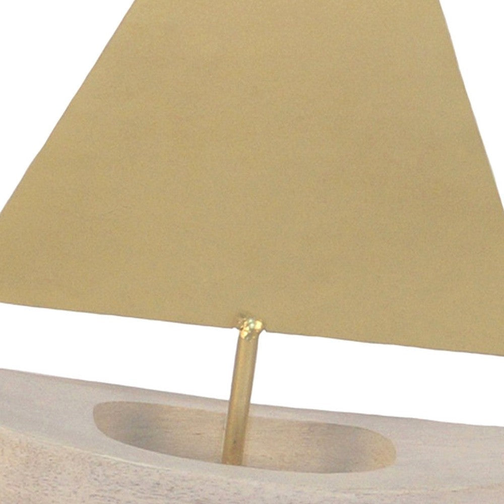 17 Inch Sailboat Sculpture on Stand Gold Metal Sail Natural Brown Wood By Casagear Home BM308587