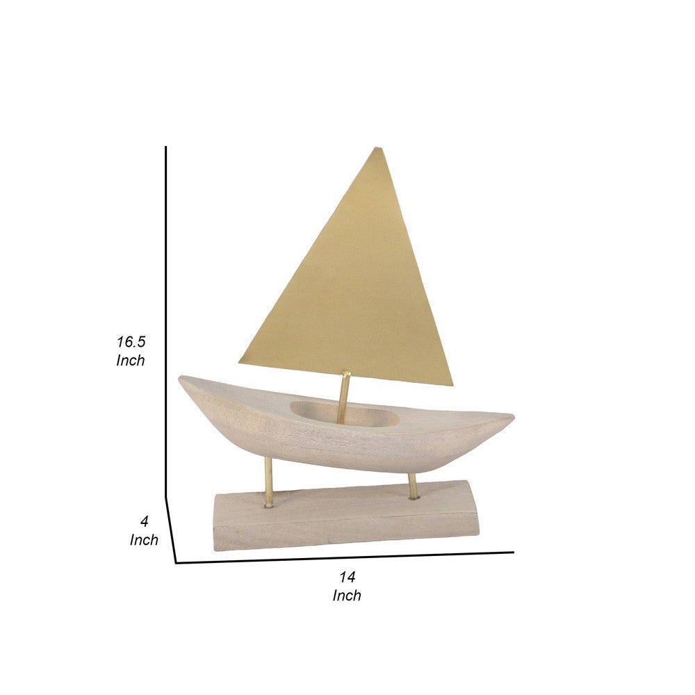 17 Inch Sailboat Sculpture on Stand Gold Metal Sail Natural Brown Wood By Casagear Home BM308587