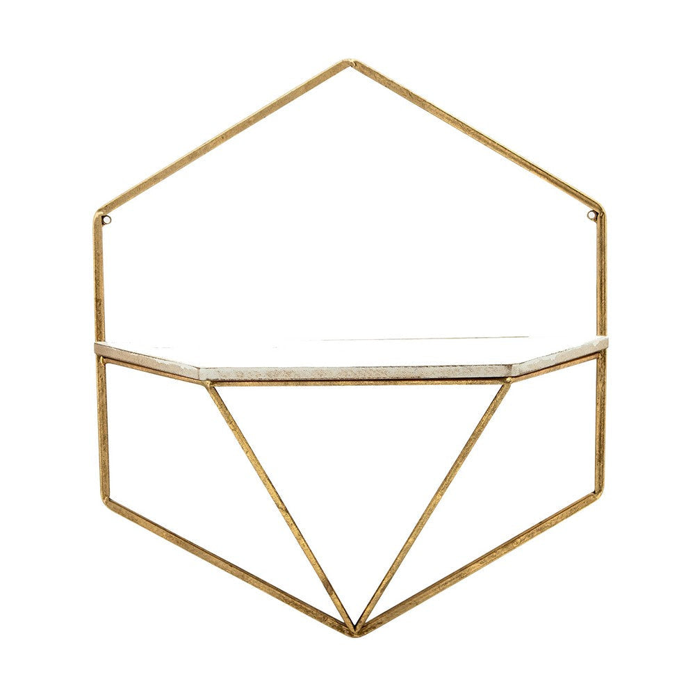 Decor Wall Shelf Set of 2 Hexagonal Gold Metal Frames Crisp White Wood By Casagear Home BM308592