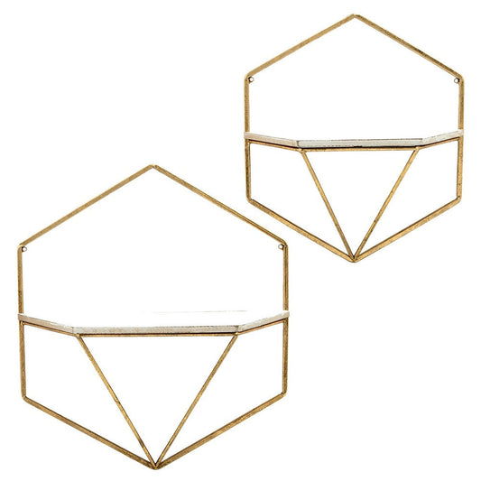 Decor Wall Shelf Set of 2, Hexagonal Gold Metal Frames, Crisp White Wood By Casagear Home