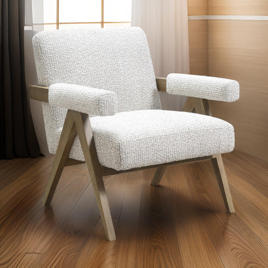 Gop 33 Inch Accent Chair, Cushioned Arms, V Shape Wood Legs, Ivory, Gray By Casagear Home