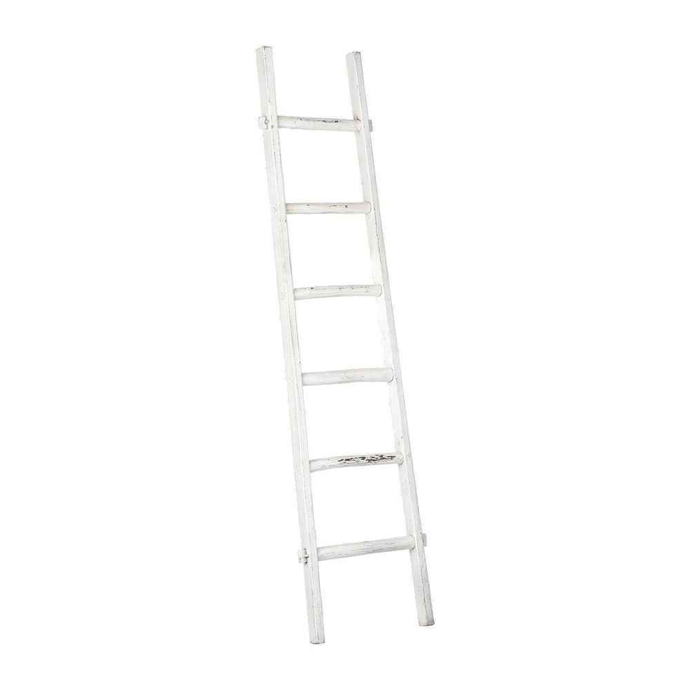 76 Inch Decorative Ladder White Wood Transitional Distressed Finish By Casagear Home BM308607