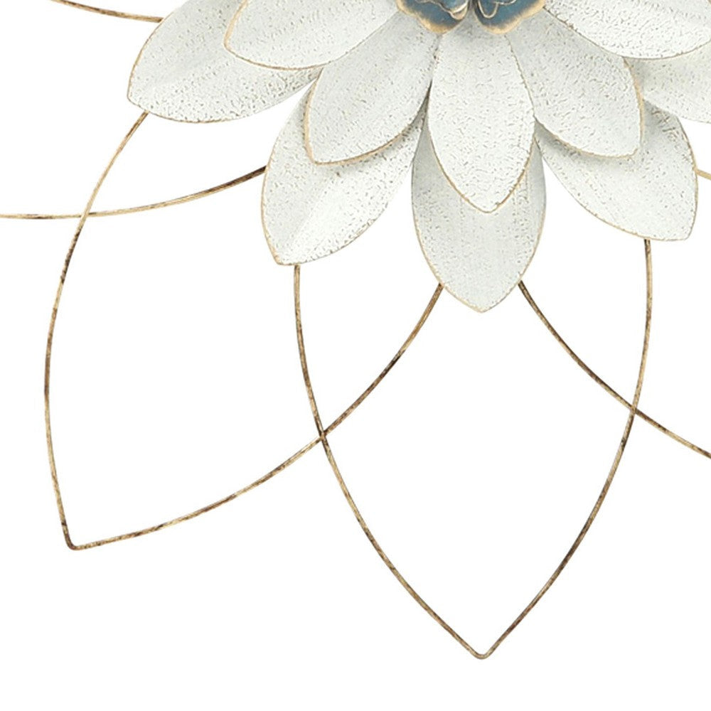 25 Inch Hanging Flower Wall Art with Textured White and Gold Leaves Blue By Casagear Home BM308608