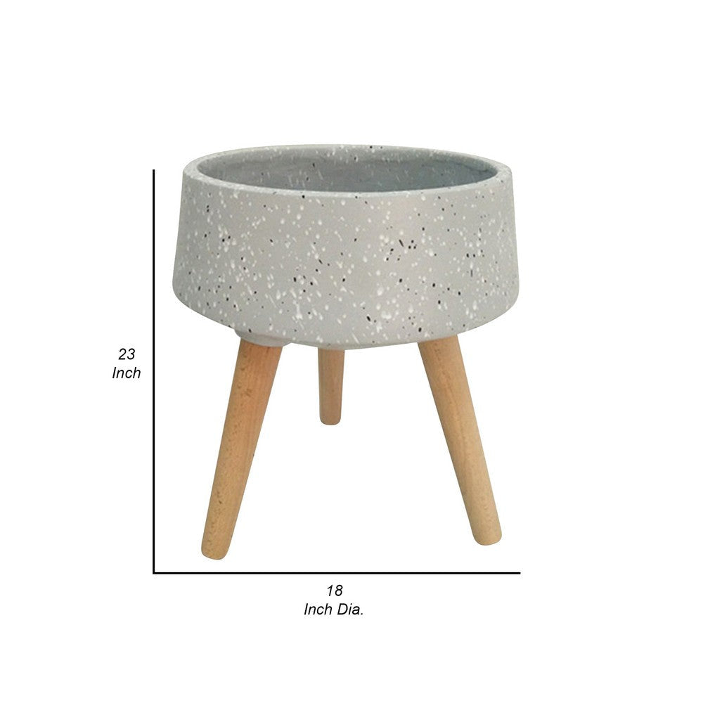 23 Inch Planter with Flared Tripod Legs Gray Terrazzo Natural Brown Wood By Casagear Home BM308615