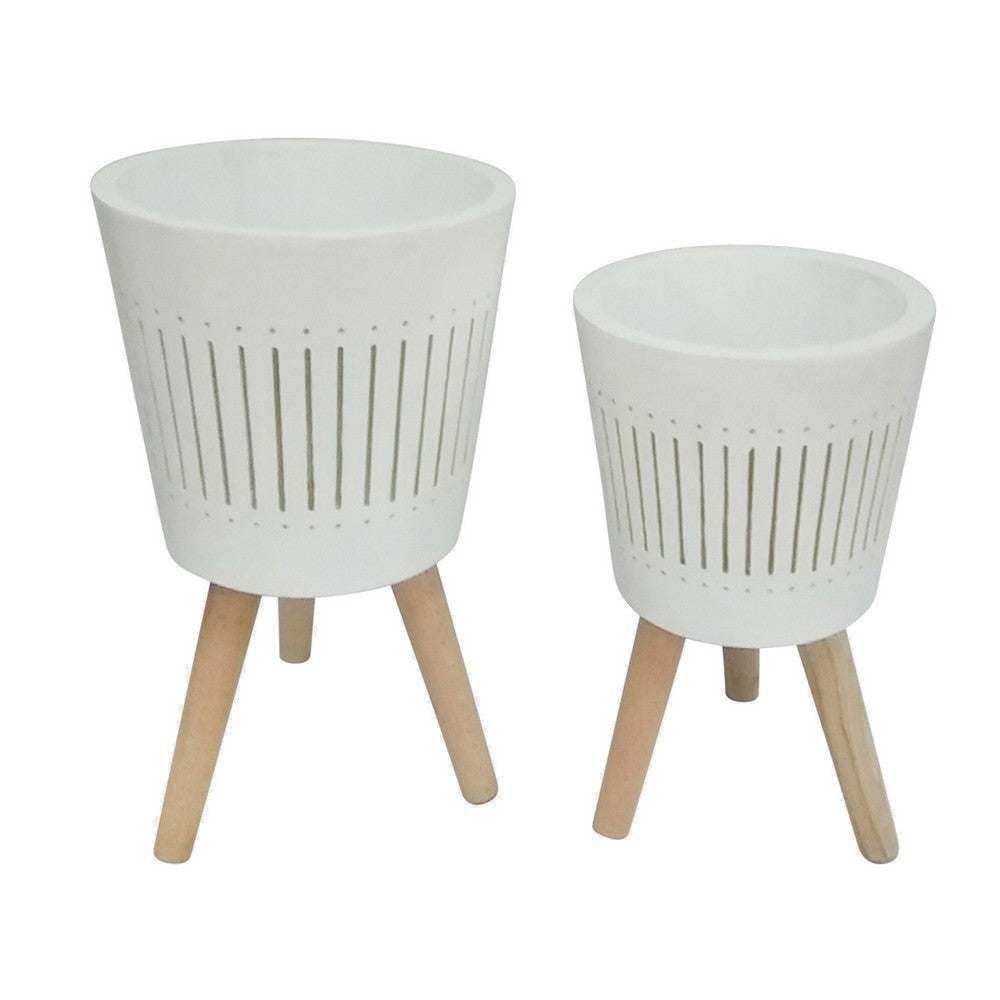 Luyi 10, 12 Inch Planters, Set of 2, Ridged, Tripod Legs, White, Brown By Casagear Home