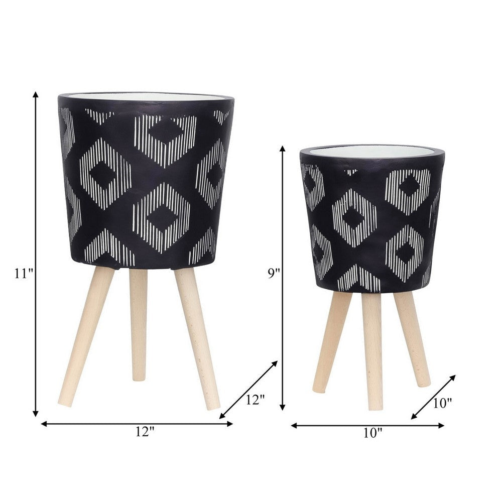 Alta 10 12 Inch Planters Set of 2 Tripod Black White Diamond Stripes By Casagear Home BM308621