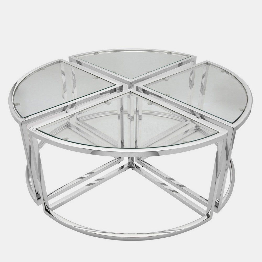 40 Inch Coffee and 4 Nesting End Tables Set Glass Top Silver Metal By Casagear Home BM308625