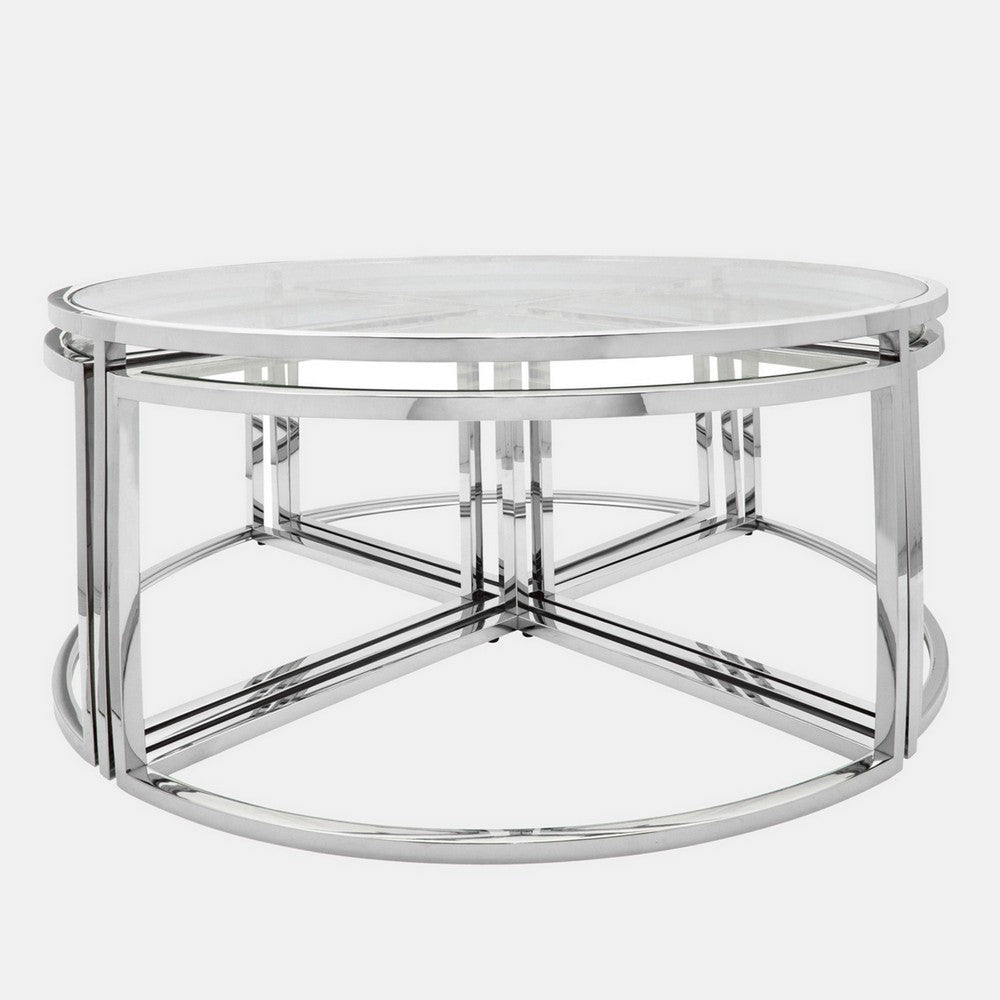 40 Inch Coffee and 4 Nesting End Tables Set Glass Top Silver Metal By Casagear Home BM308625