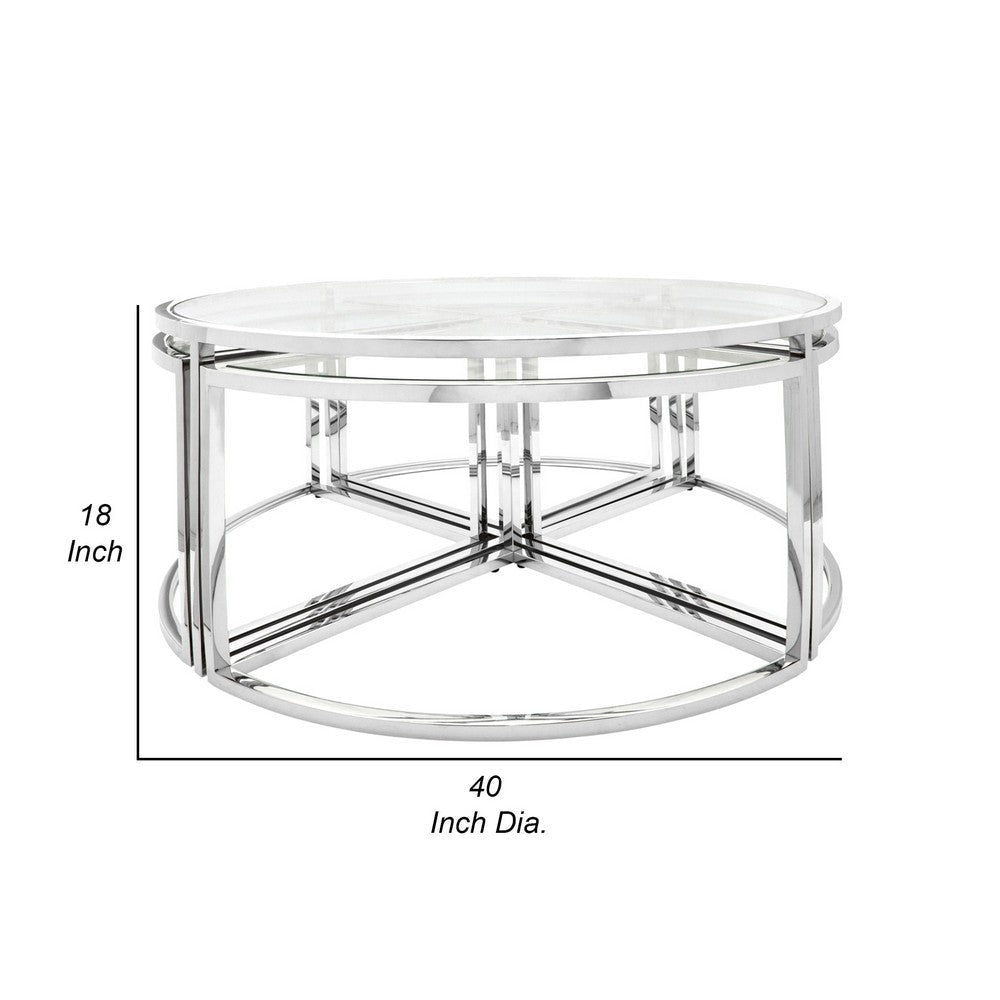 40 Inch Coffee and 4 Nesting End Tables Set Glass Top Silver Metal By Casagear Home BM308625