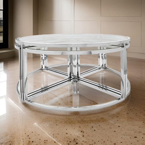 40 Inch Coffee and 4 Nesting End Tables Set, Glass Top, Silver Metal By Casagear Home
