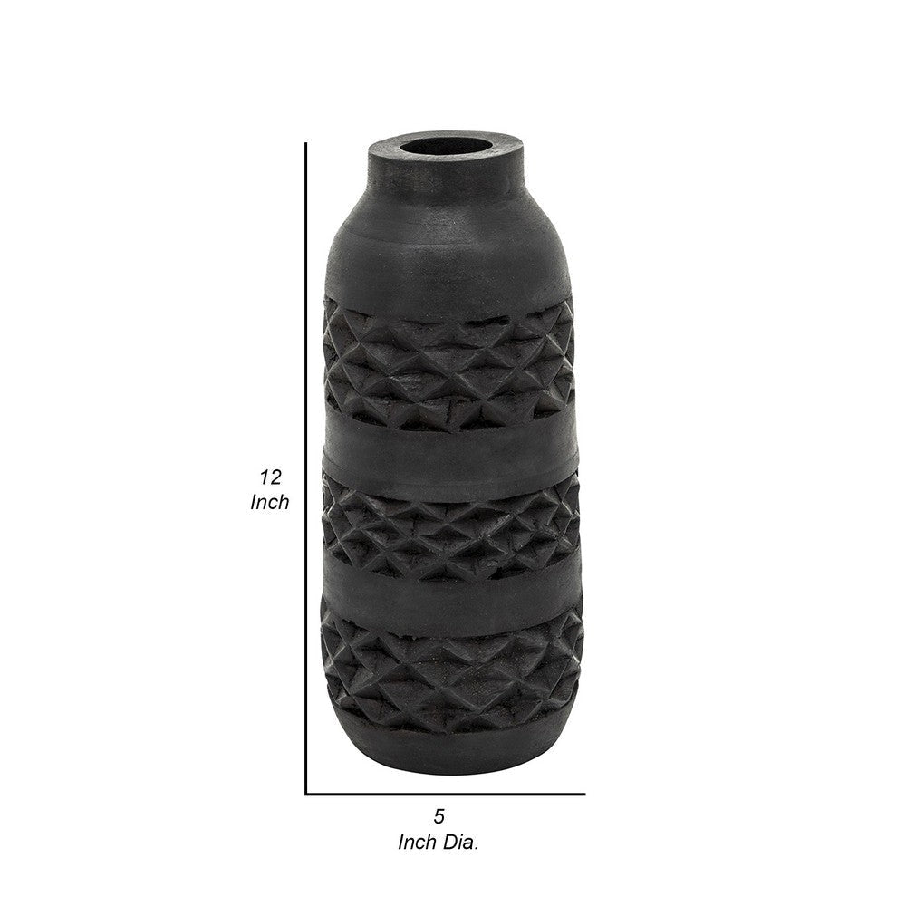 Yuka 12 Inch Vase, Bottle Shape, Embossed Diamond Patterns, Stained Black By Casagear Home