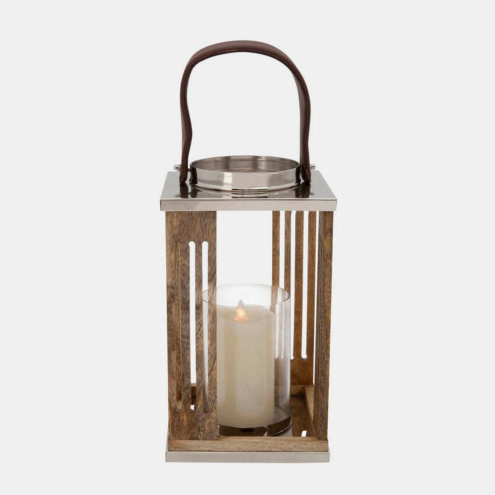 12 Inch Hurricane Candle Holder Lantern Style Fabric Band Brown Chrome By Casagear Home BM308628