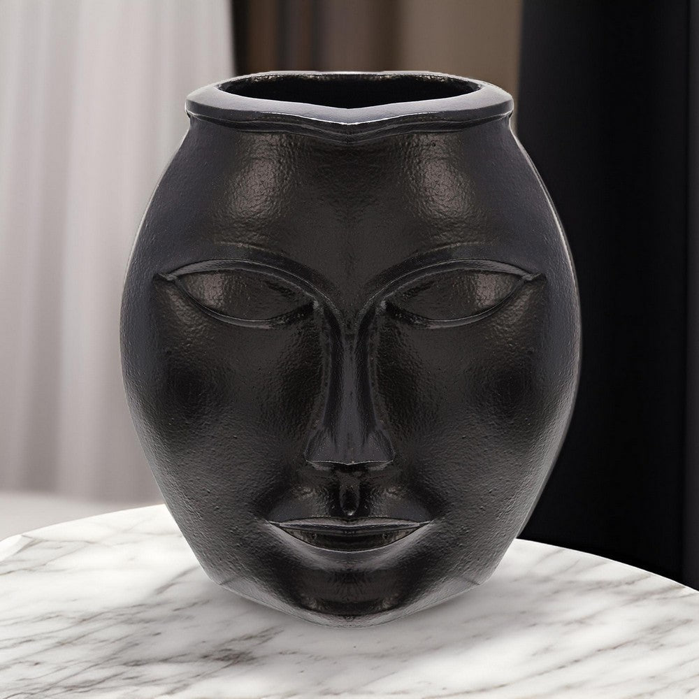 14 Inch Vase, Facial Structure, Modernistic Round Black Aluminum Frame By Casagear Home